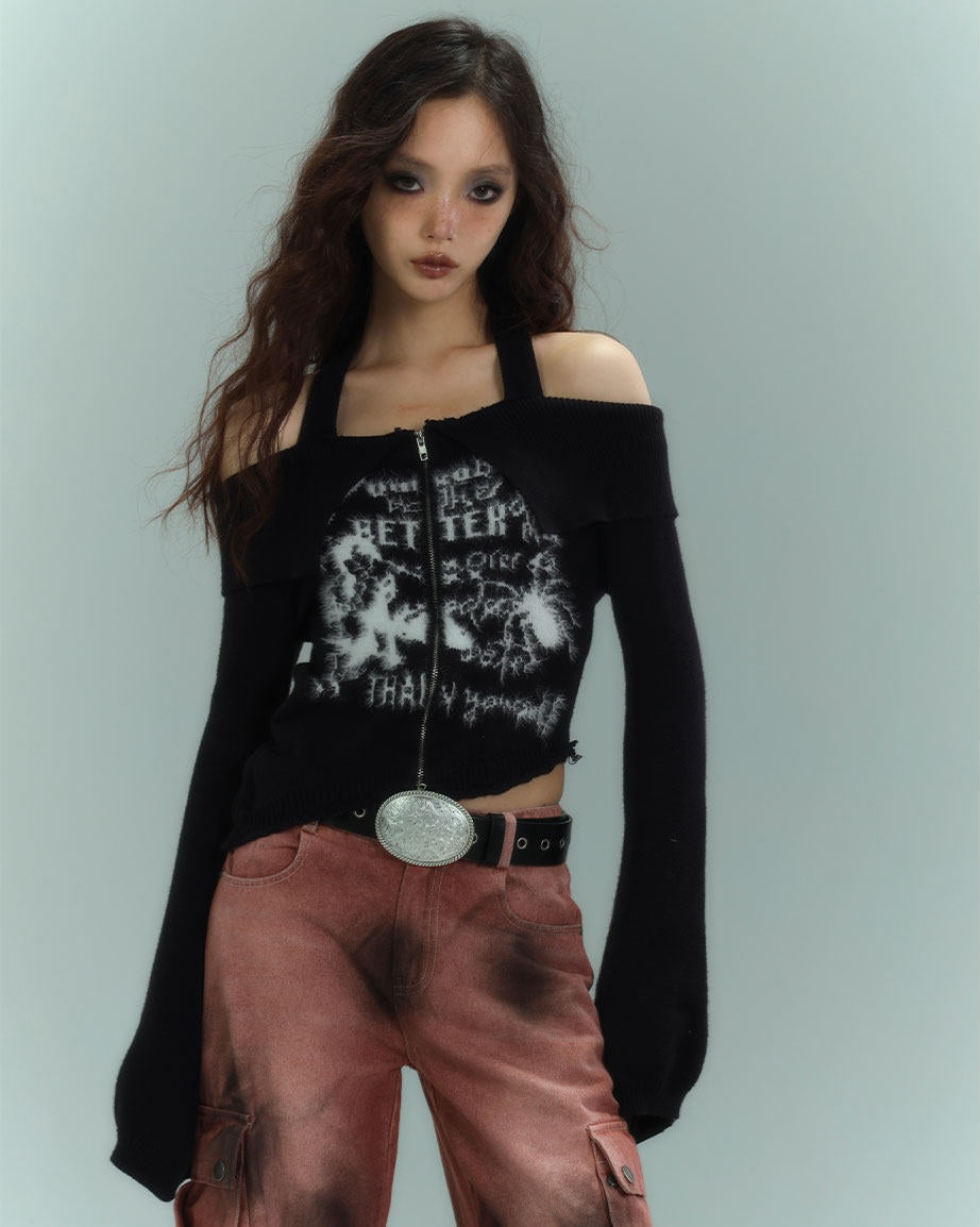 Off-Shoulder Halter Slim Knit Sweater