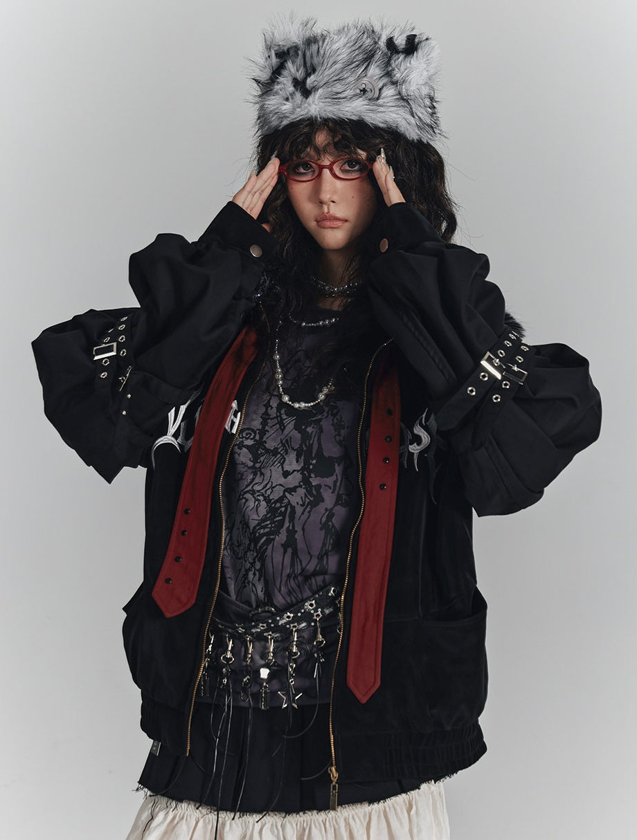 Embroidery Fur Collar Oversize Zipper Jacket