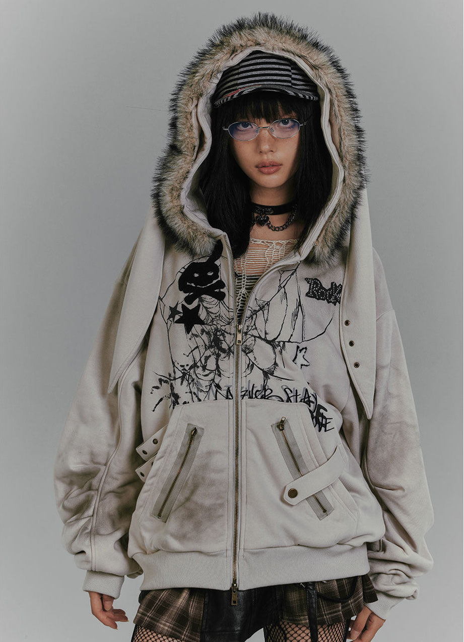 Graphic Fake Fur Hood Bunny Ear Zipper Hoodie Jacket