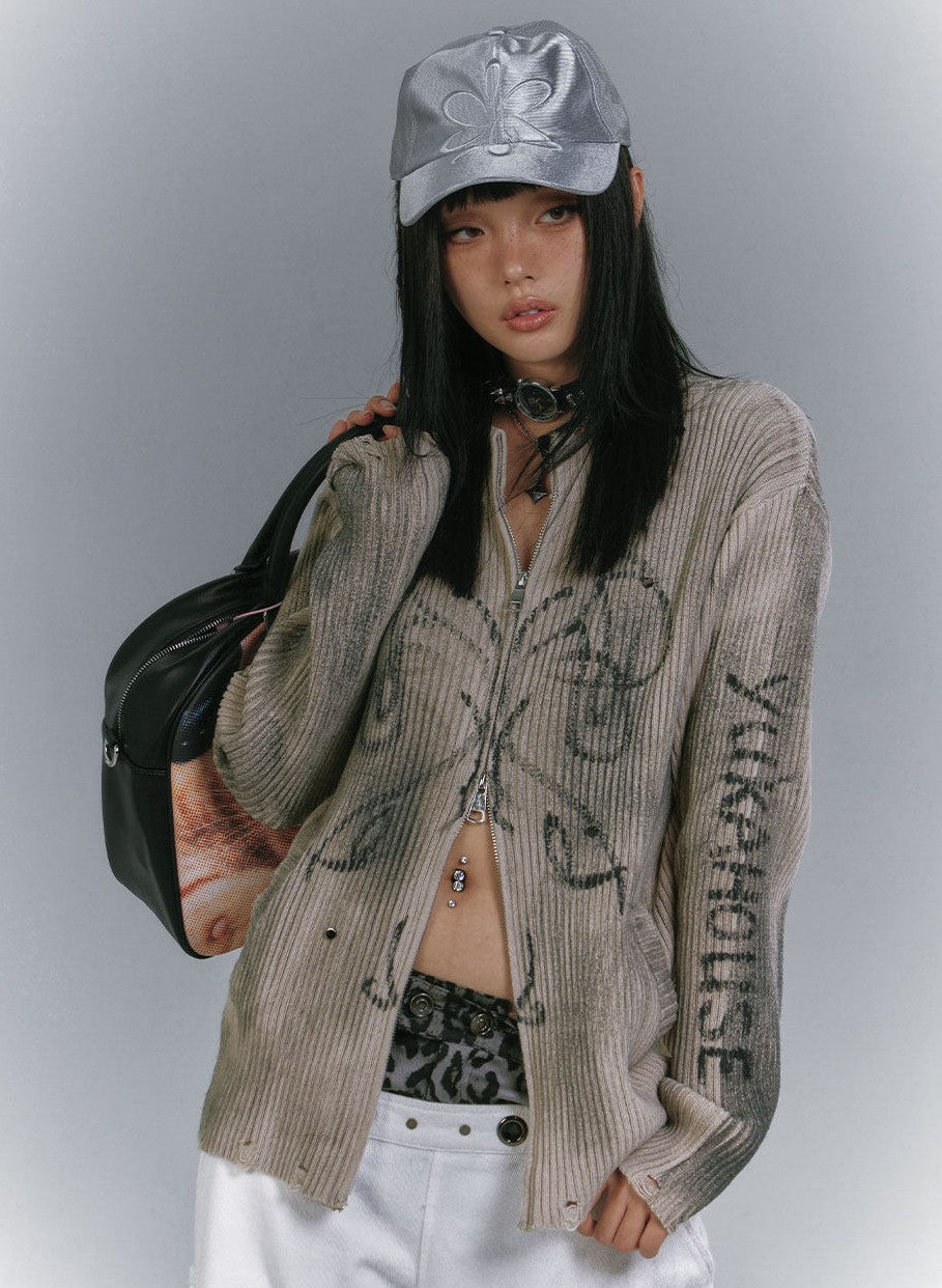 Washed Damage Graffiti Design Oversize Knit Cardigan