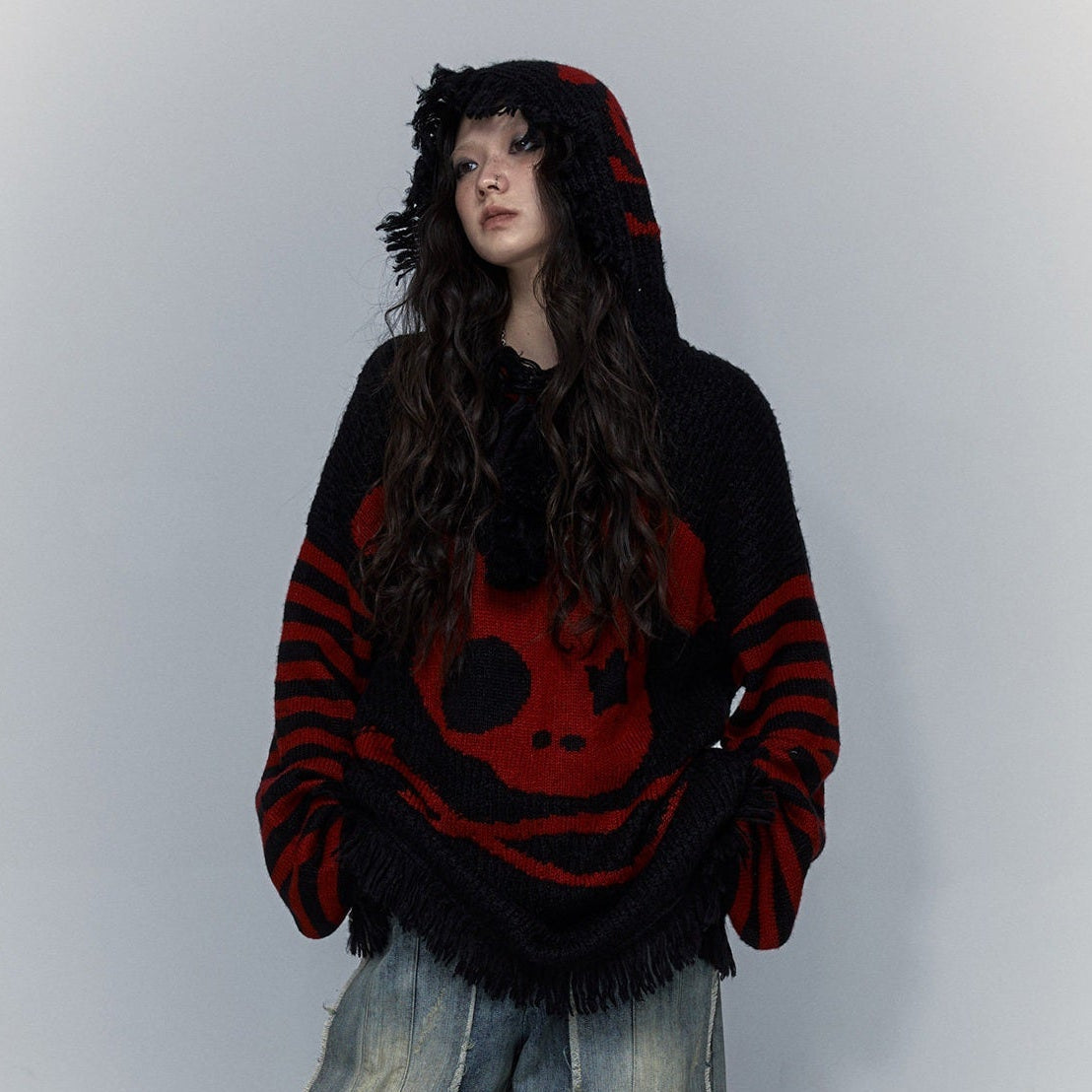 Skull Print Stripe Oversize Knit Hoodie