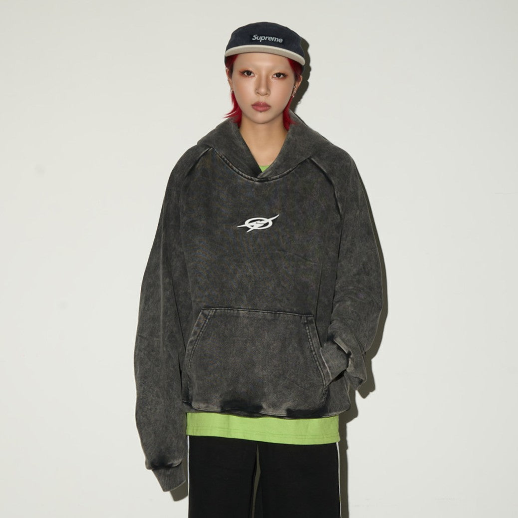 Washed Pleated Sleeve Oversize Pullover Hoodie