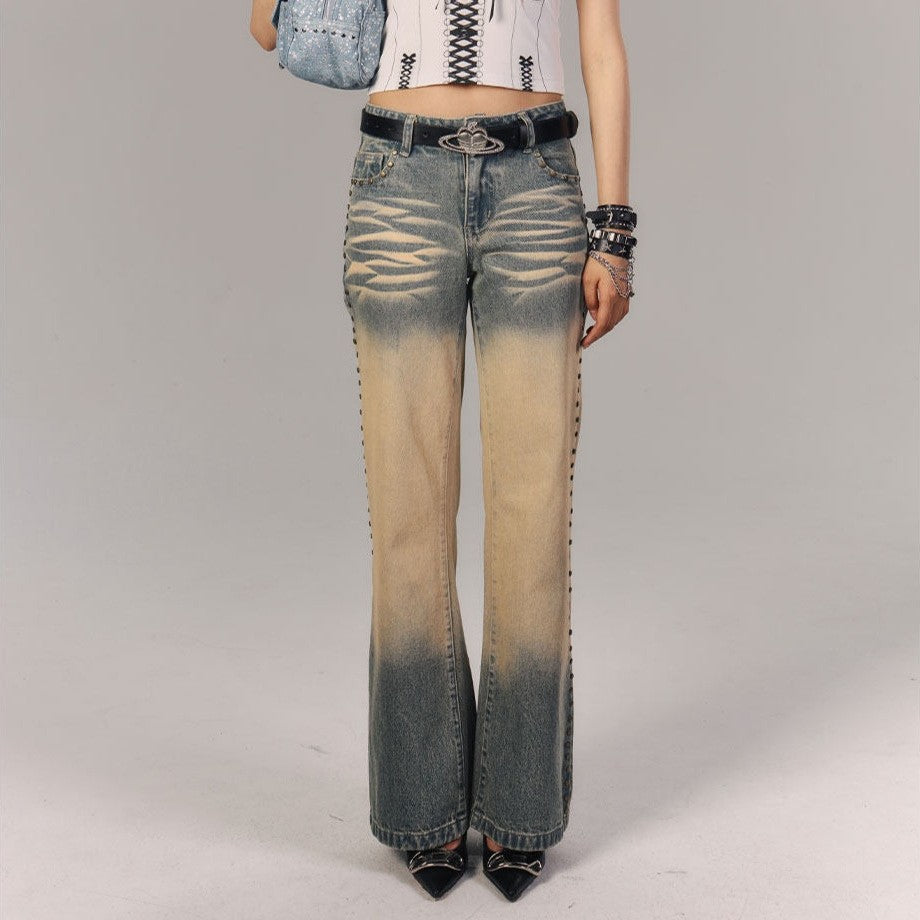 Washed Gradient Studs Detail Flare Denim Jeans