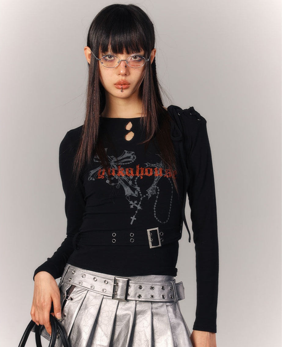 Cross Print Strap Buckle Cutout Long Sleeve T-Shirt