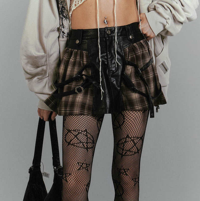 Plaid PU Leather Mix Patchwork Short Skirt