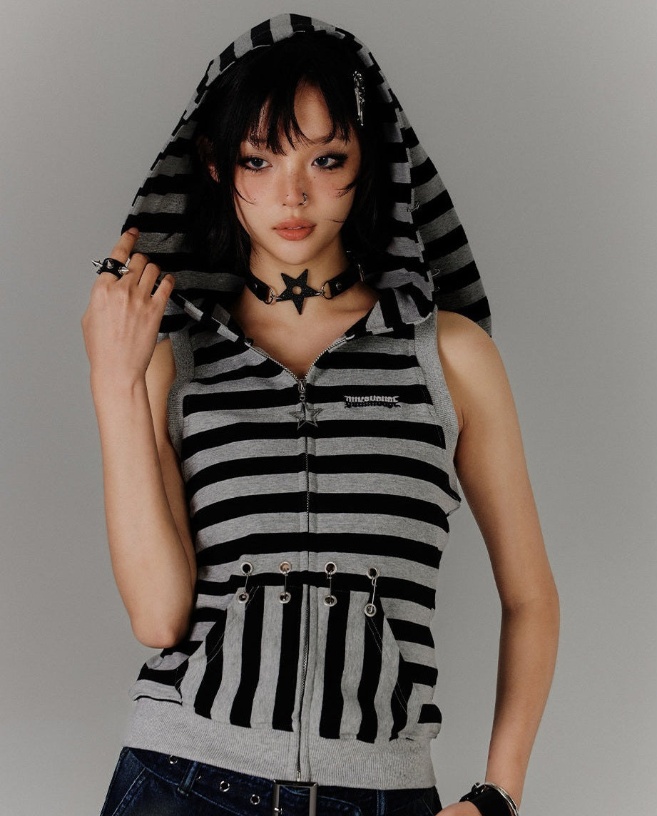 Stripe Zipper Hooded Sleeveless T-Shirt