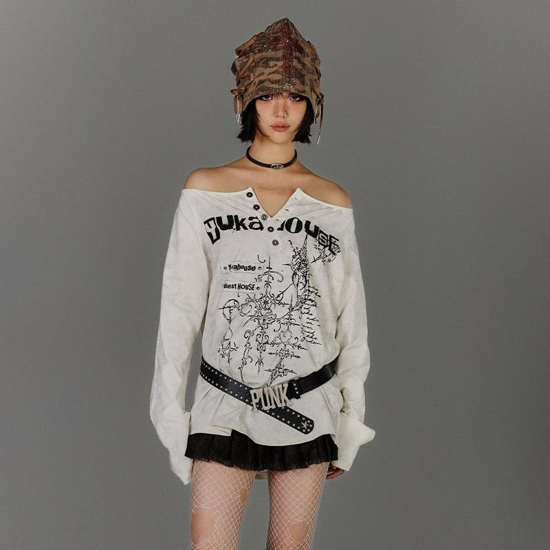 Off-Shoulder Graphic Print Button Long Sleeve T-Shirt