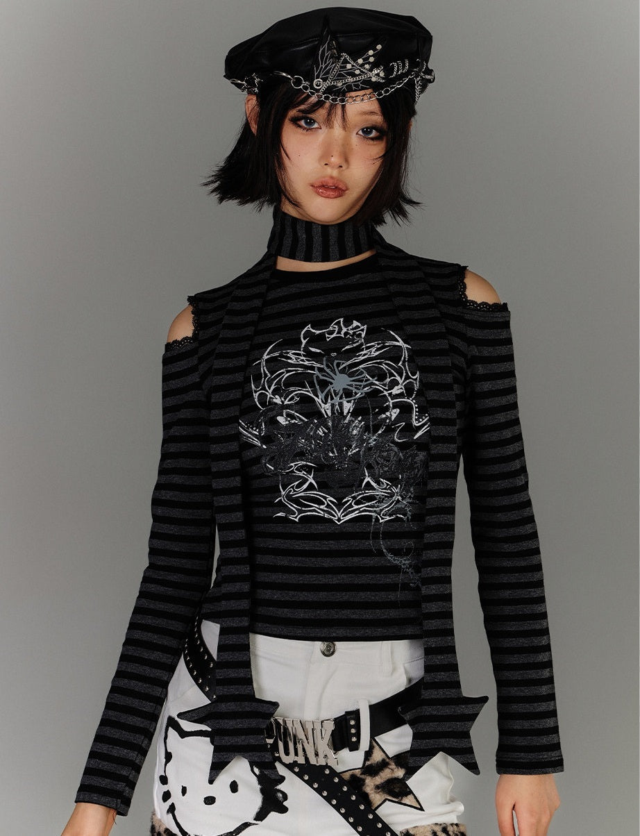 Stripe Graphic Print Cutout High-Neck Long Sleeve T-Shirt & Stripe Star Scarf