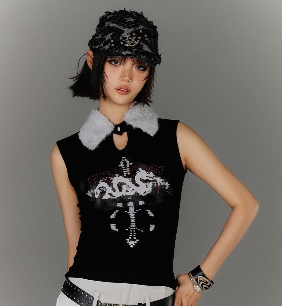 Fake Fur Collar Ribbed Graphic Print Sleeveless T-Shirt