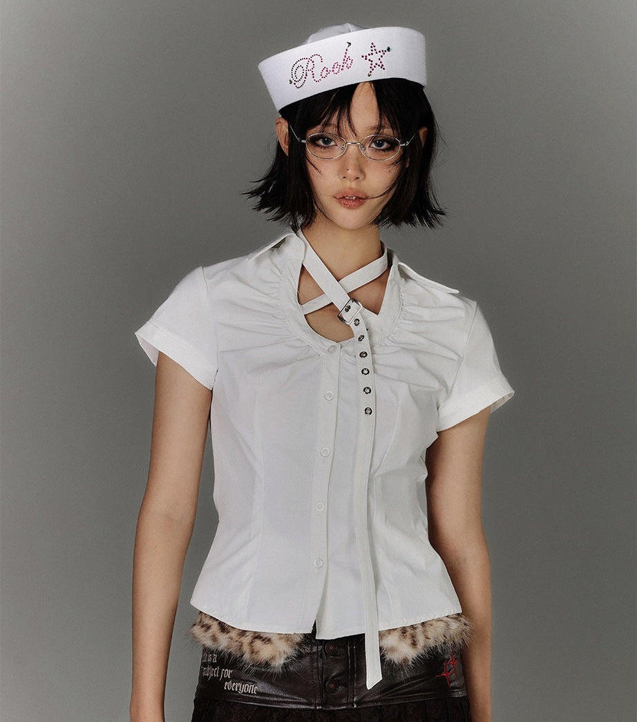 Button Strap Detail Fitted Short Sleeve Shirt