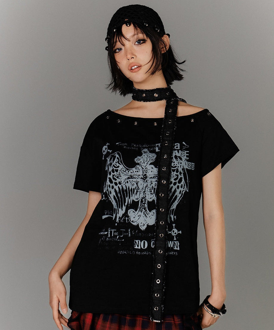 Off-Shoulder Eyelet Graphic Print Short Sleeve T-Shirt & Choker