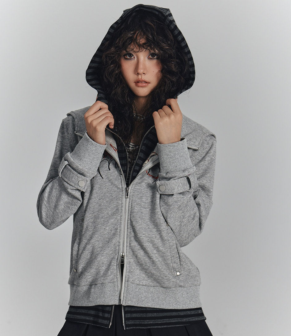 Embroidery Fake Layered Double Zipper Hoodie