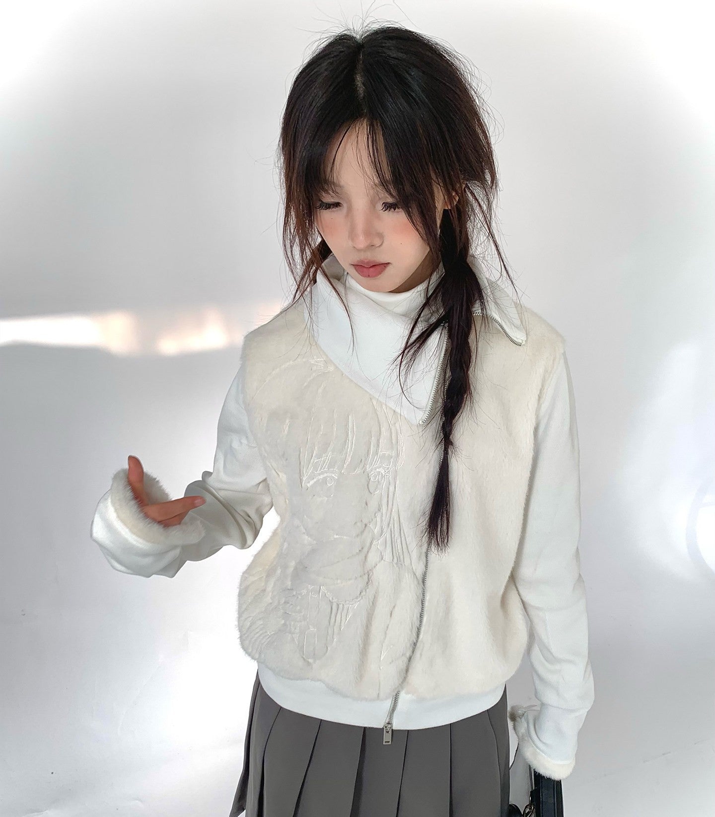 Fleece Embroidery Asymmetrical Zipper Jacket