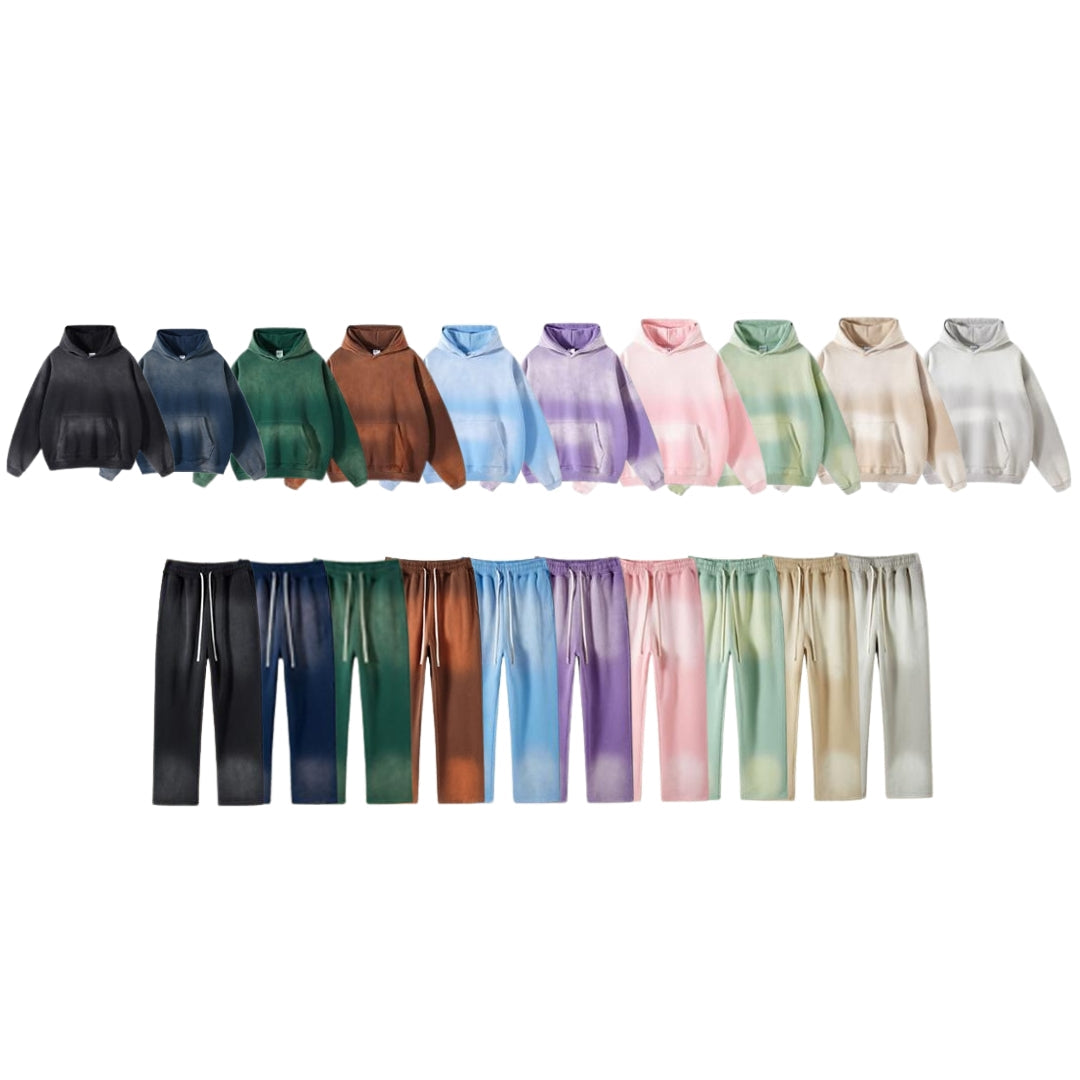 Fleecegefütterter, sprühgefärbter Oversize-Hoodie mit Beschädigungen und Fleecegefütterte Jogginghose