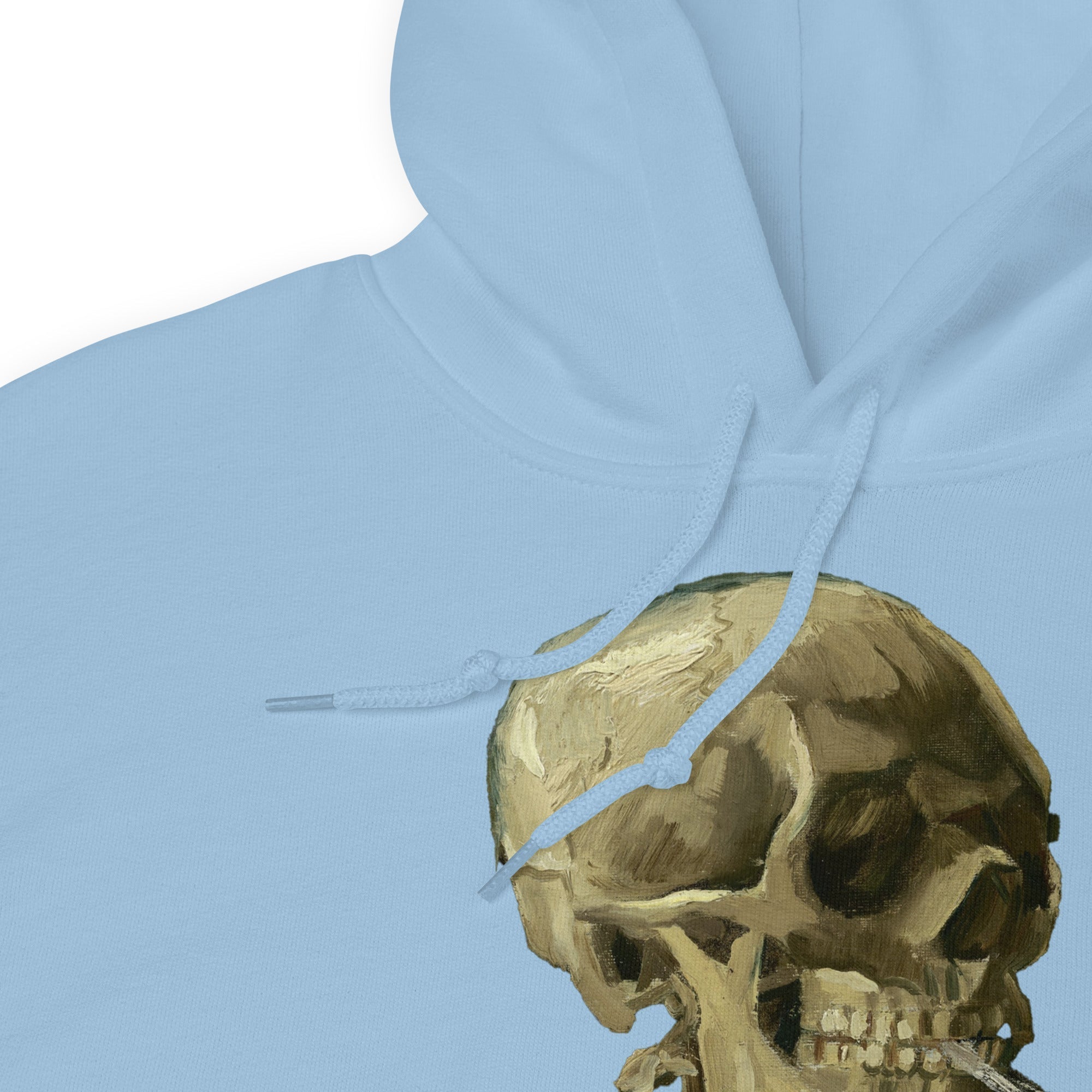 Hoofd van een skelet met een brandende sigaret in een hoodie