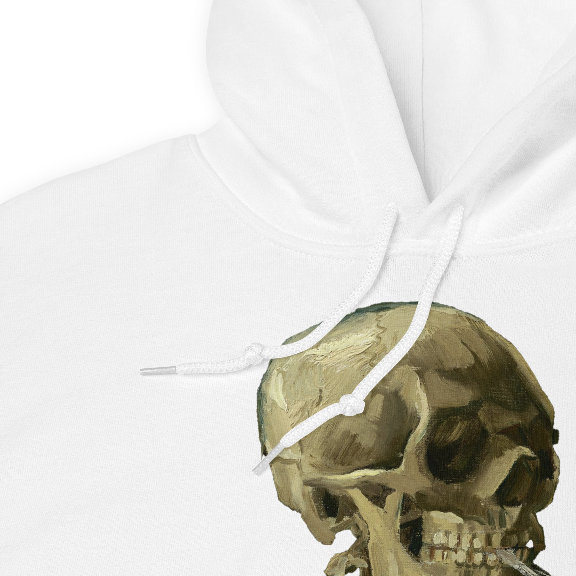Hoofd van een skelet met een brandende sigaret in een hoodie